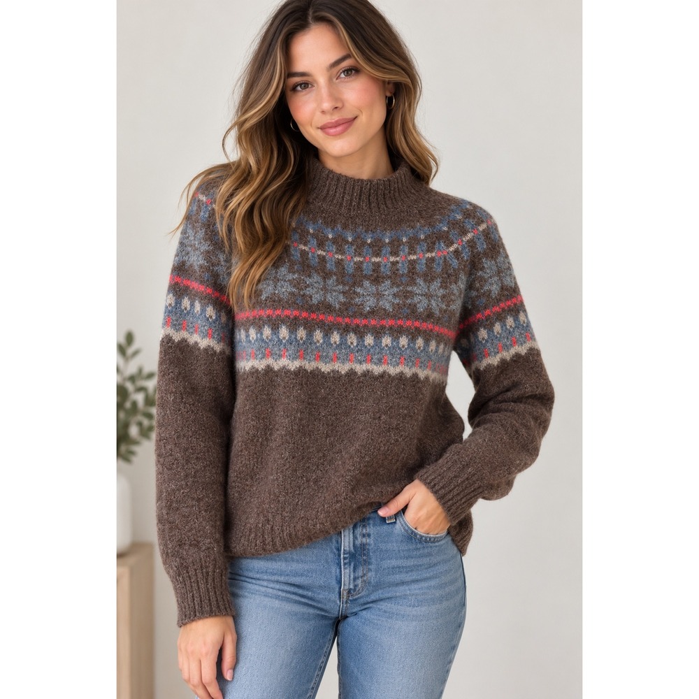 Old Navy Womens S Brown Fair Isle Wool Blend Mock Neck Alpine Nordic Sweater